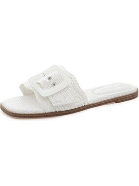 Women's Raffia Flat Sandals Square White Open Toe Summer Beach Slip On Buckle